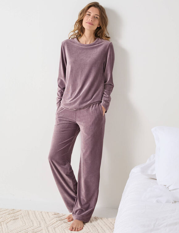 Pyjama pantalon en velours c&ocirc;tel&eacute;, coupe large manches longues (taupe)
