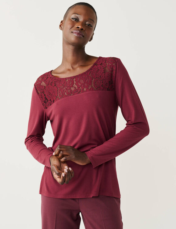 T-shirt col rond manches longues dentelle (bordeaux)