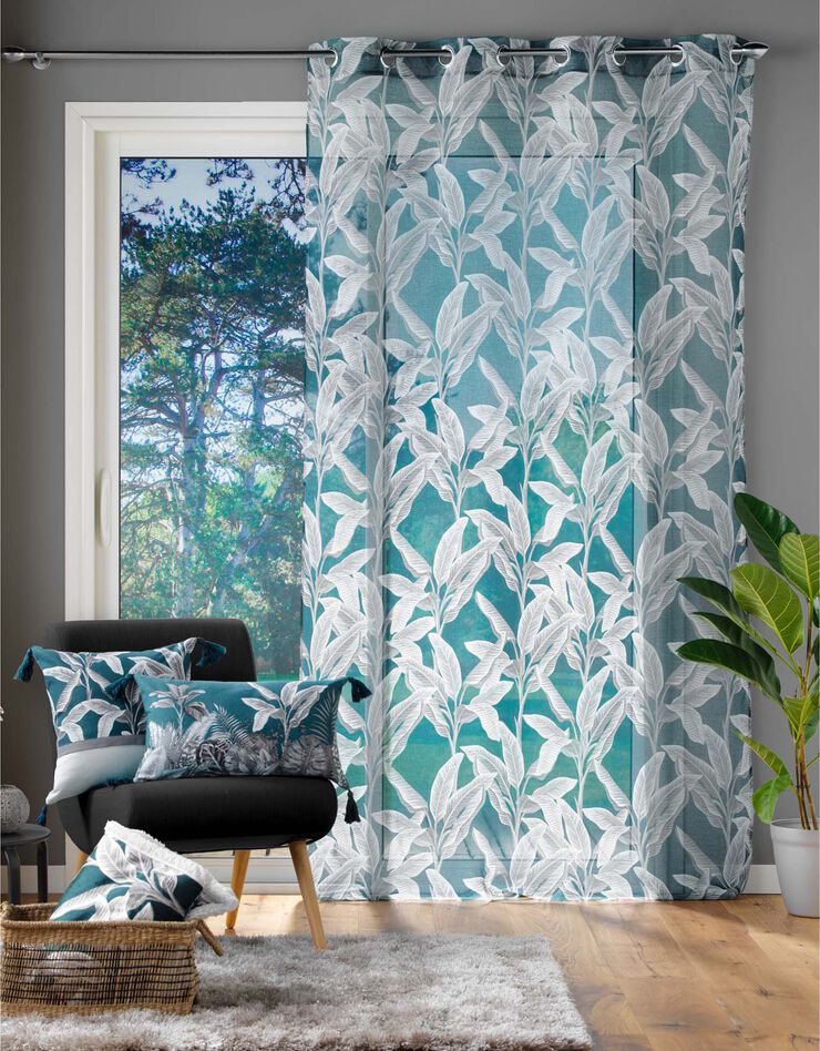 Voilage imprimé tropical (bleu / blanc)
