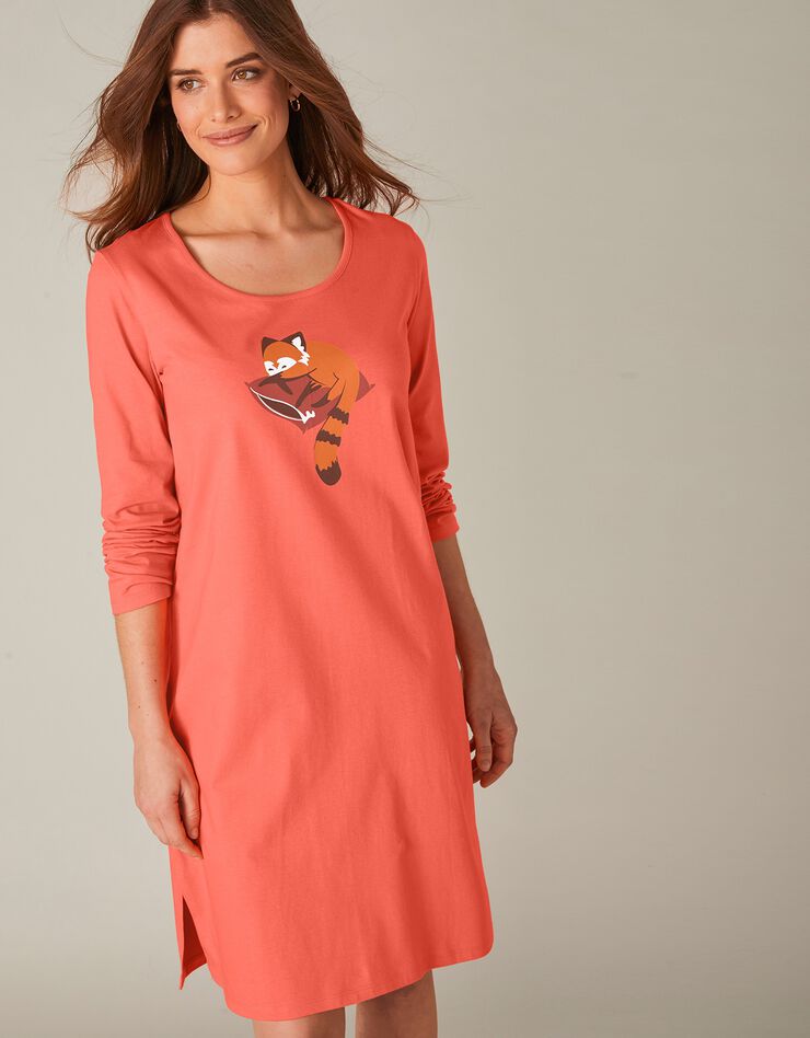 Chemise de nuit courte manches longues motif "panda roux" (corail)