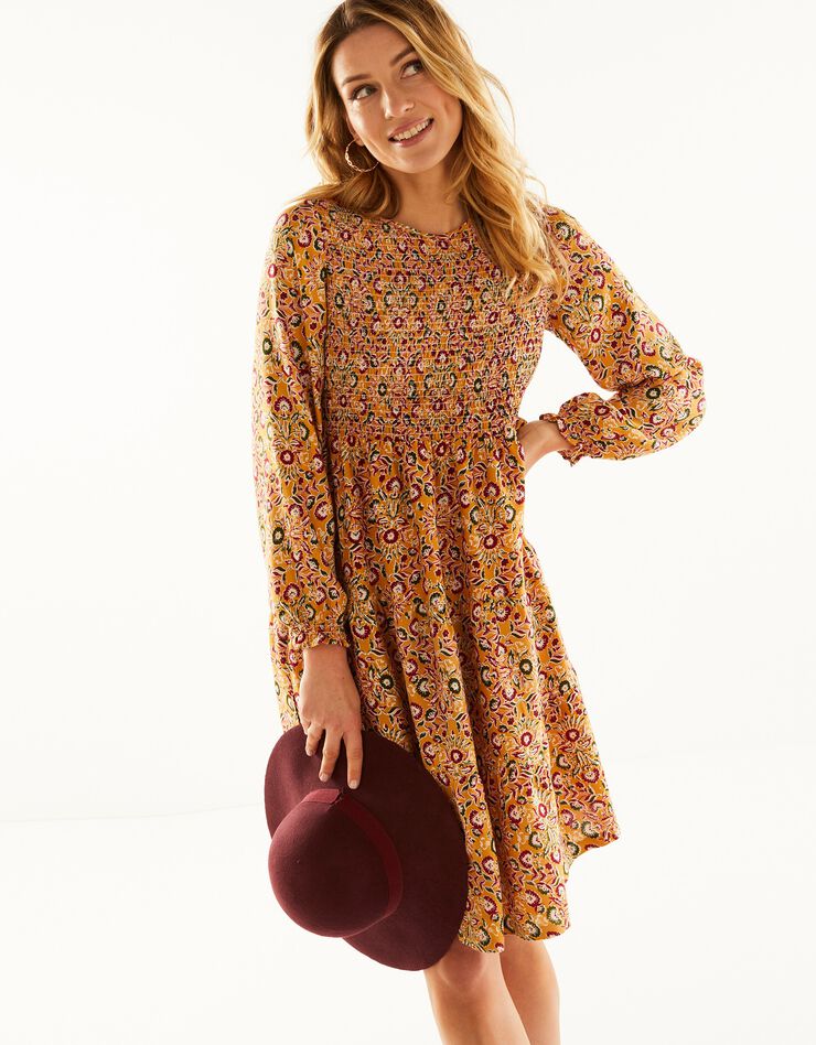 Robe smockée manches longues imprimé fleuri (miel / bronze)