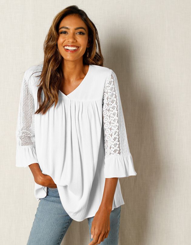 Blouse unie col V manches 3/4 macramé (blanc)