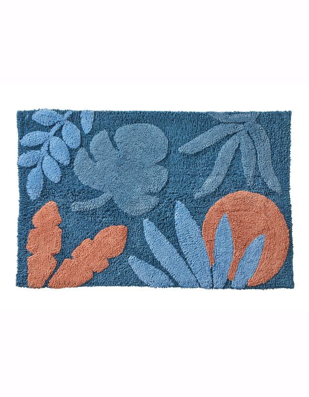 Tapis de bain pur coton motif feuillage (bleu / orange)