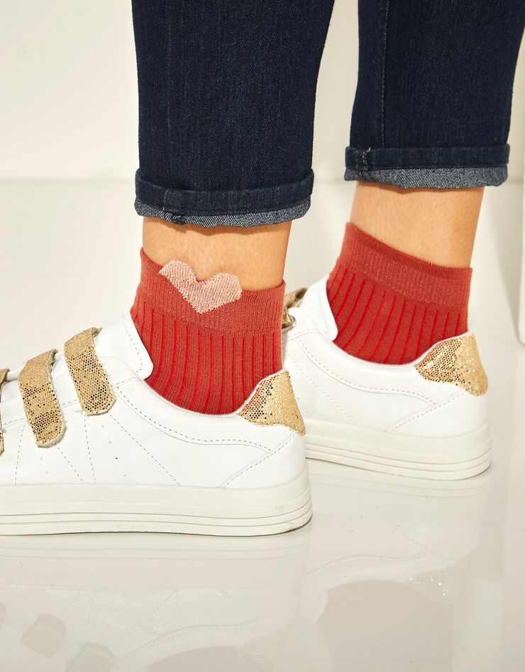 Chaussettes en maille côtelée à motif coeur brillant 3D - lot de 3 (terracotta / écru) Chaussettes en maille côtelée à motif coeur brillant 3D - lot de 3 (terracotta / écru)
