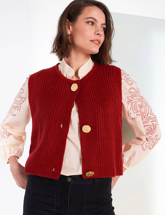 Gilet sans manches toucher doux, boutons dorés (bordeaux)