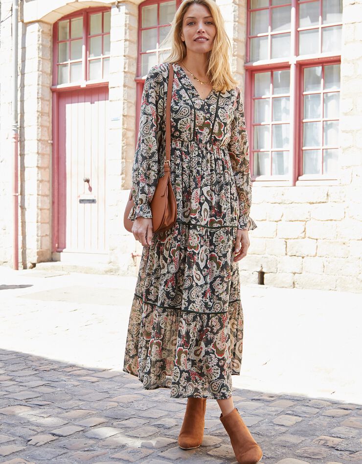 Robe longue volantée imprimée, crépon (kaki / rose) Robe longue volantée imprimée, crépon (kaki / rose)