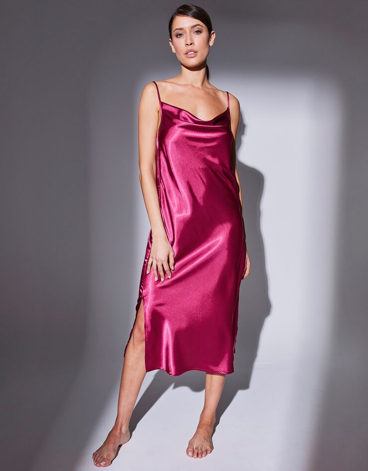 Nuisette longue satin et dentelle - col bénitier (framboise)