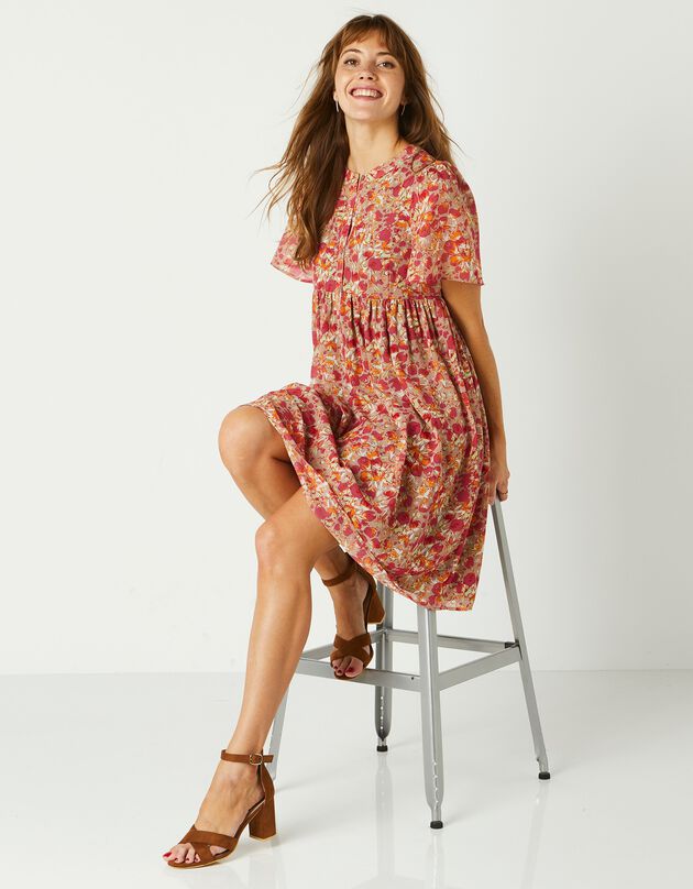Robe évasée, voile imprimé (praline)