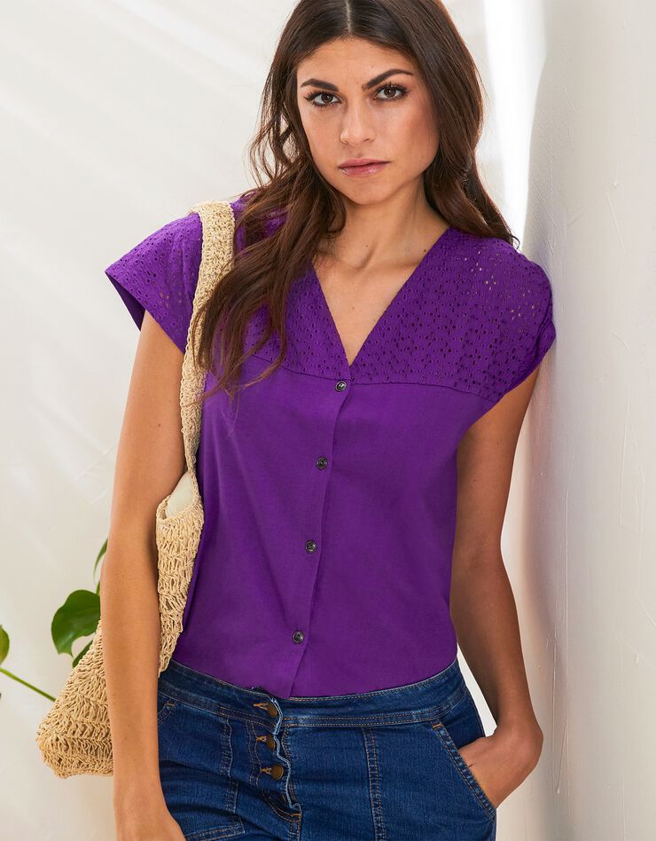 Tee-shirt boutonné, broderie anglaise (violet)