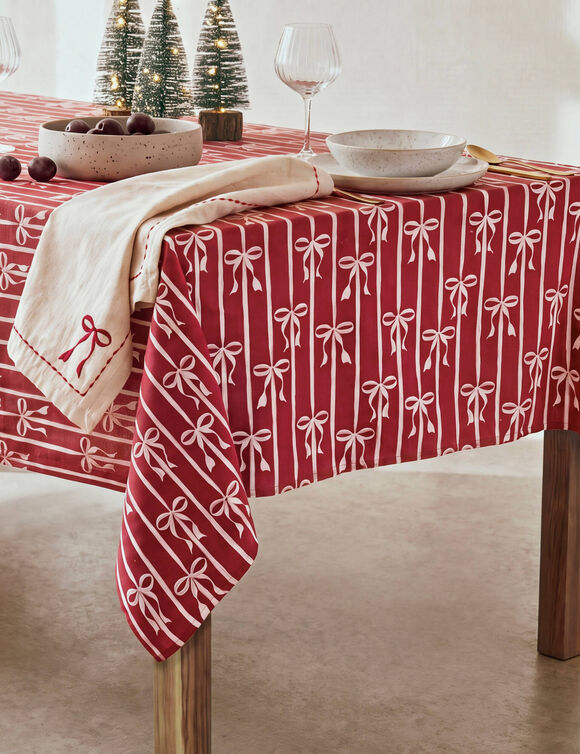 Nappe coton/lin, imprim&eacute; petits n&oelig;uds (rouge)