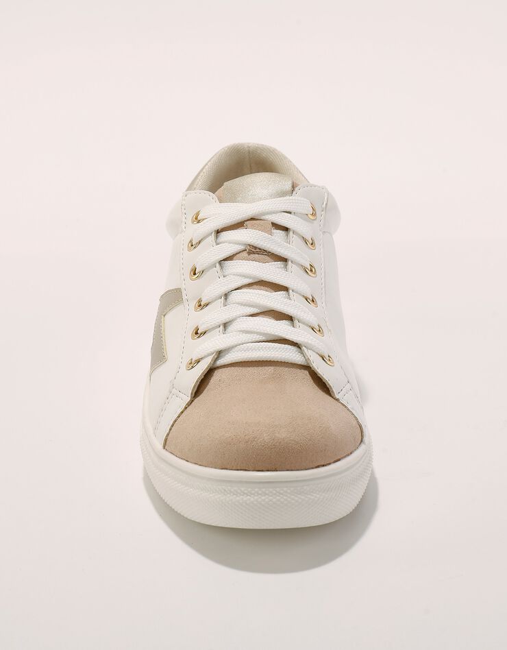 Tennis à lacets avec détail éclair doré - effet bimatière (blanc / beige)