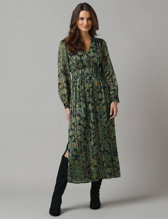 Robe manches longues détails volantés, voile jacquard imprimé (noir / vert)