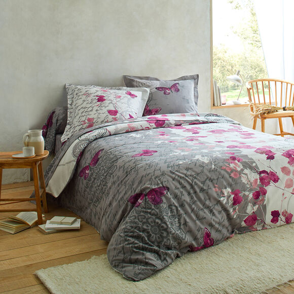 Linge de lit Célestine en coton imprimé fleurs et papillons (gris / parme)