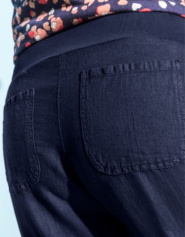 Pantalon coupe droite 7/8ème taille élastiquée, lin coton (marine)