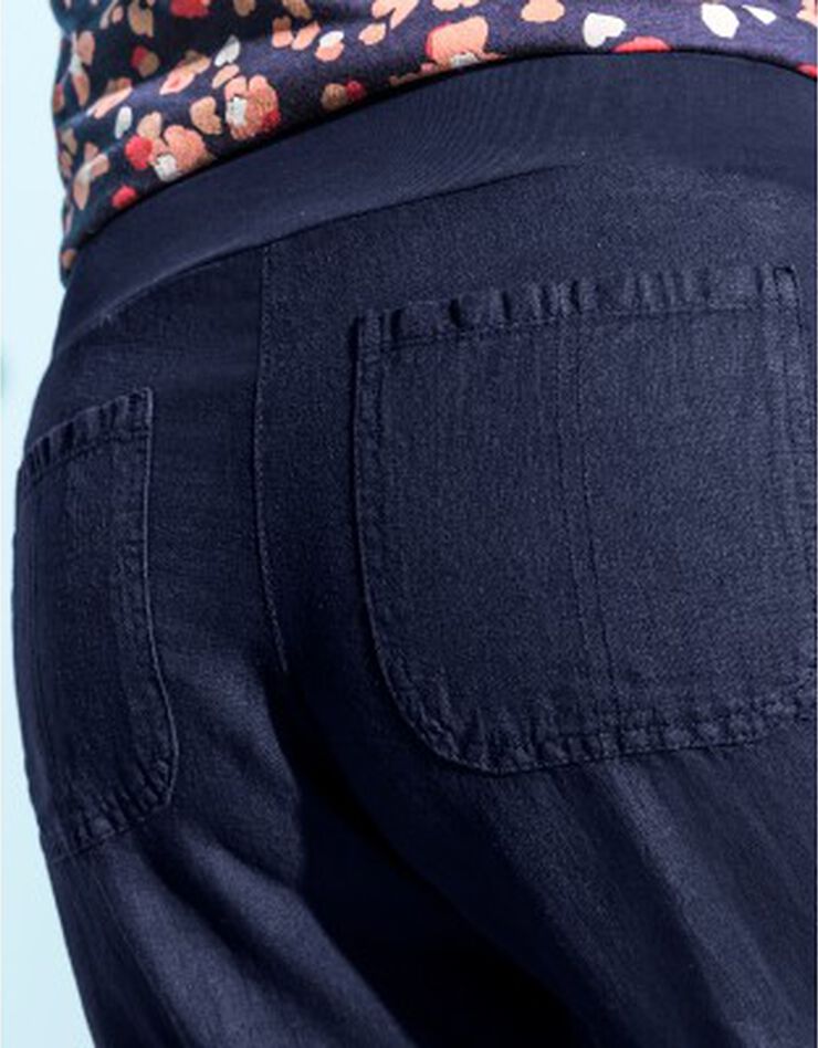 Pantalon coupe droite 7/8ème taille élastiquée, lin coton (marine) Pantalon coupe droite 7/8ème taille élastiquée, lin coton (marine)