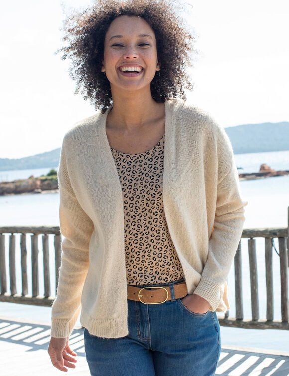 Gilet ouvert, laine et mohair mélangés (beige)