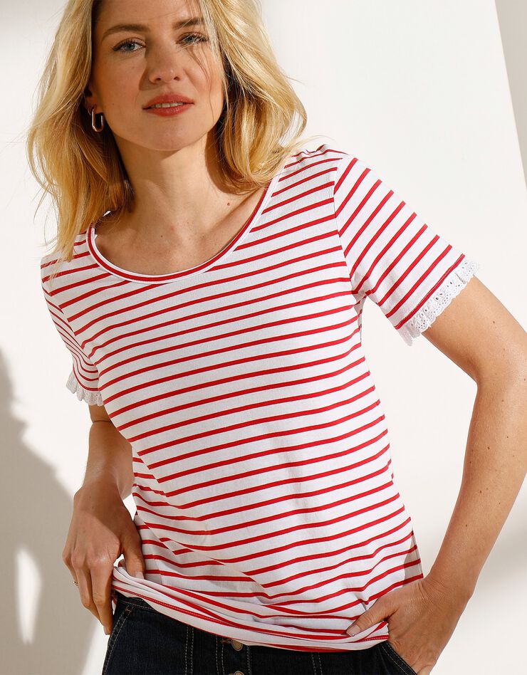 Tee-shirt rayé brodé dos noué (blanc / rouge) Tee-shirt rayé brodé dos noué (blanc / rouge)