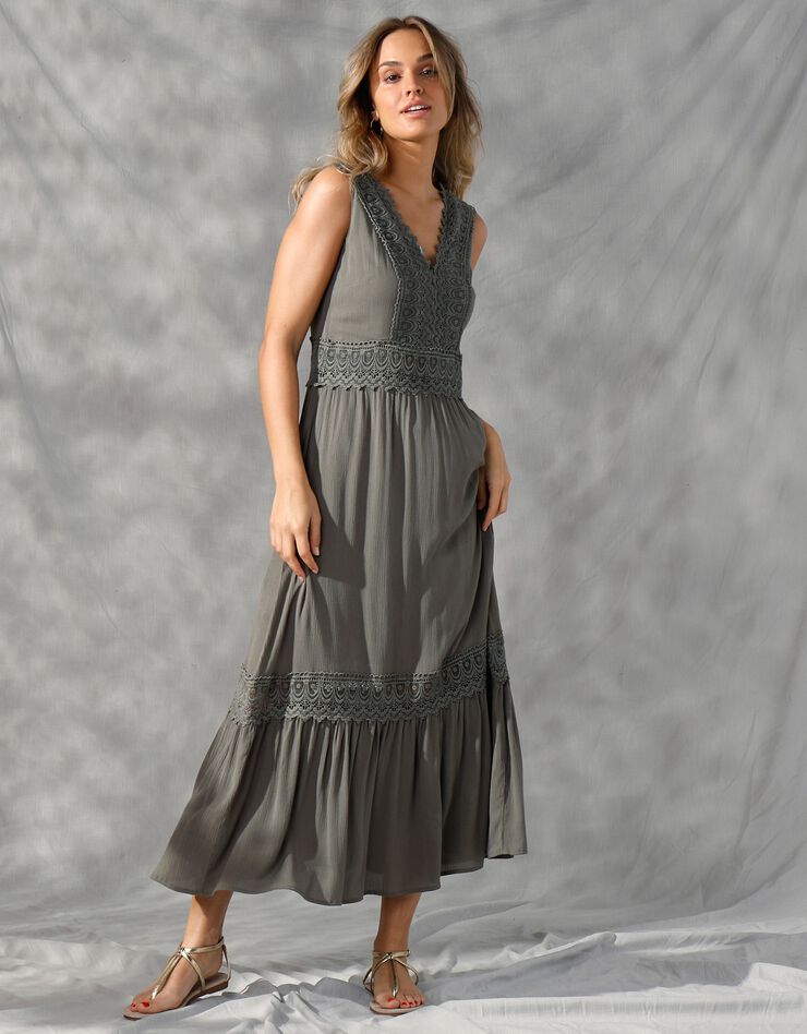 Robe longue volantée macramé (kaki)
