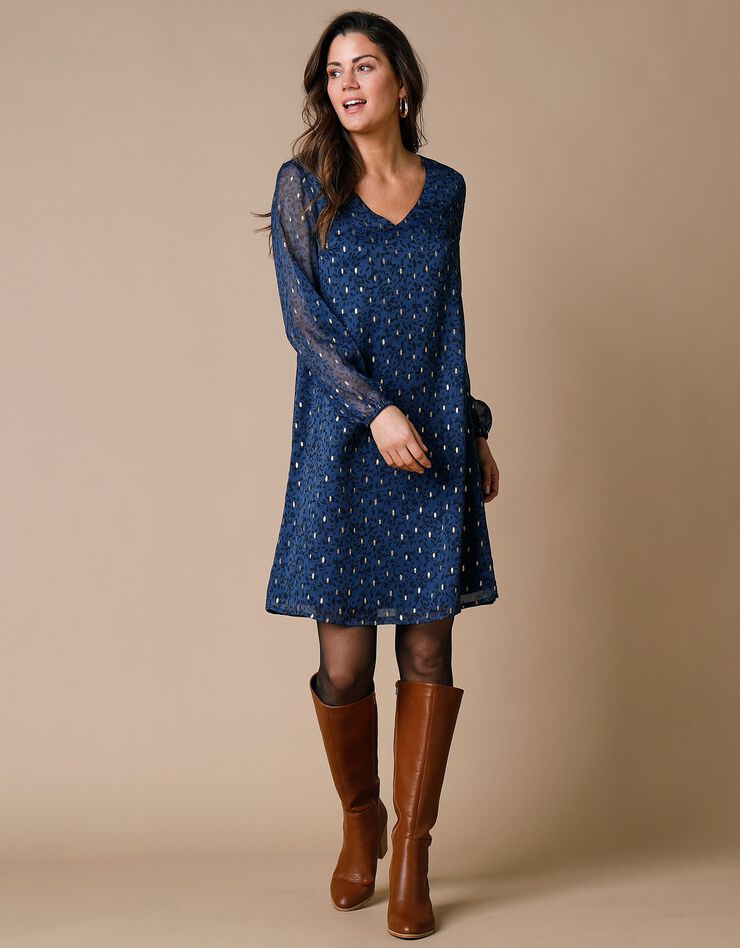 Robe évasée voile imprimé doré (bleu) Robe évasée voile imprimé doré (bleu)