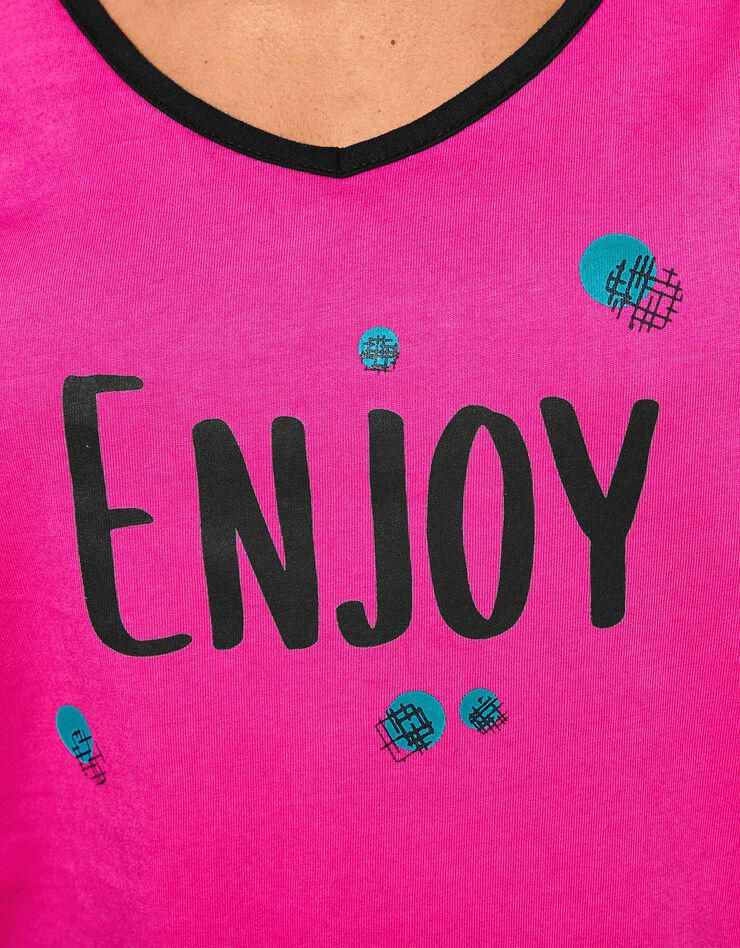 Tee-shirt manches courtes coton uni imprimé placé "Enjoy"  (fuchsia)