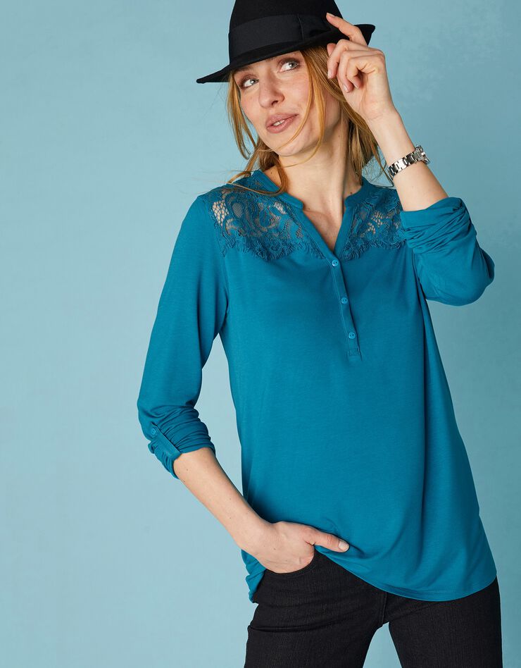 Tee-shirt col tunisien dentelle jersey (bleu prusse) Tee-shirt col tunisien dentelle jersey (bleu prusse)
