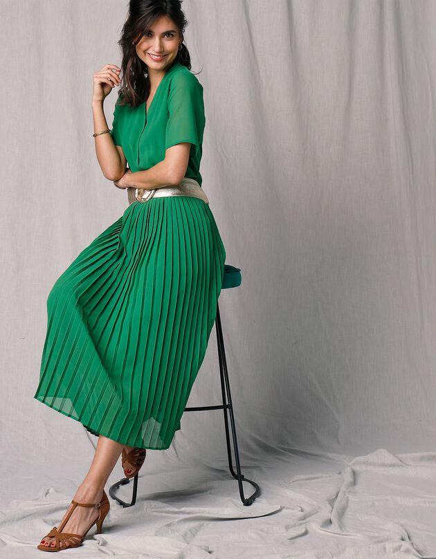Robe longue plissée manches courtes voile crêpe (vert) Robe longue plissée manches courtes voile crêpe (vert)