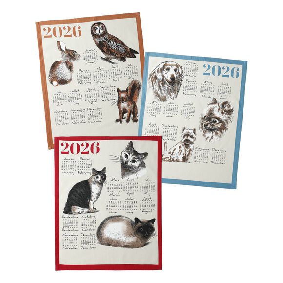 Torchon calendrier chiens chats animaux montagne - lot de 3 (bleu + orange + terracotta)