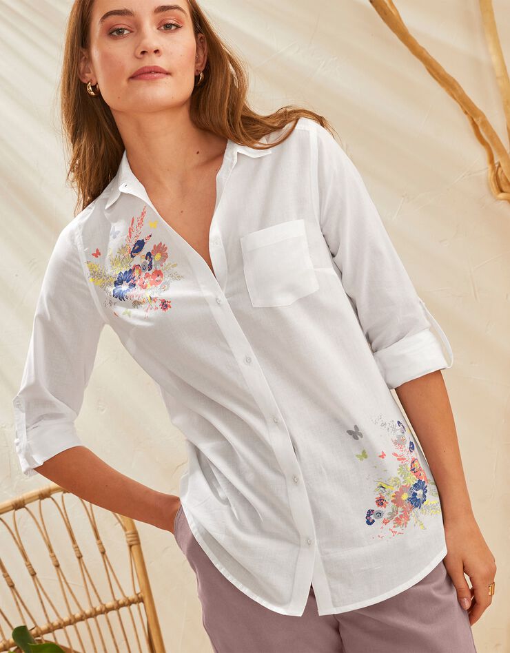 Chemise boutonnée imprimé placé, coton (blanc / corail) Chemise boutonnée imprimé placé, coton (blanc / corail)