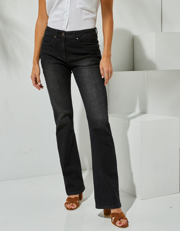 Jean stretch coupe bootcut, poches brodées (noir)