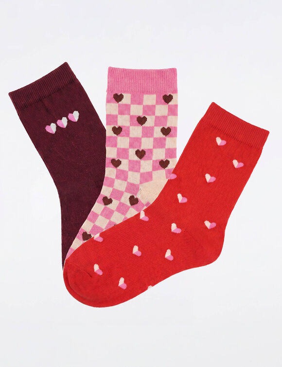 Mi-chaussettes fantaisie &agrave; motifs coeurs - lot de 3 (rouge / rose)