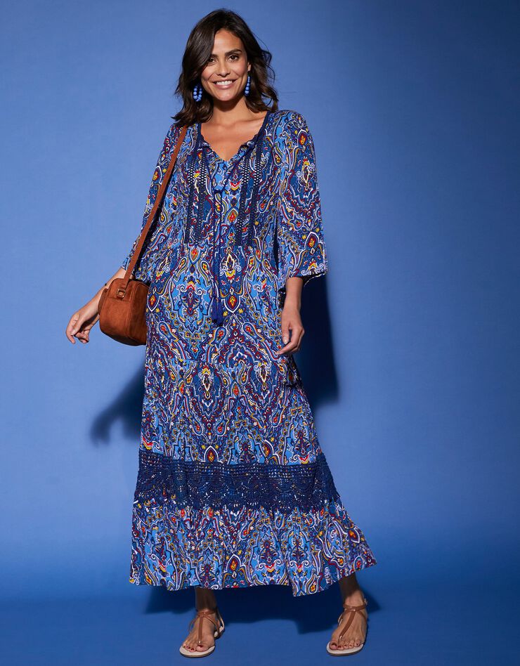 Robe longue imprimée manches 3/4 fendues (bleu) Robe longue imprimée manches 3/4 fendues (bleu)