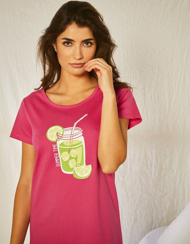 Chemise de nuit courte en coton motif Limonade manches courtes (fuchsia)
