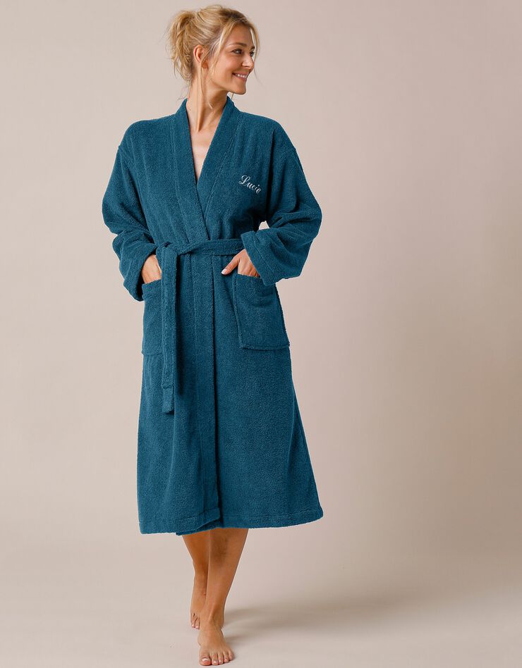 Peignoir mixte adulte uni coton éponge bouclette col kimono personnalisé (bleu paon)