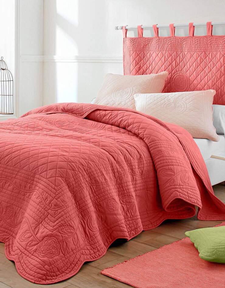 Tête de lit unie coton style boutis Cassandre (rose corail)