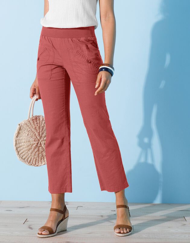 Pantalon coupe droite 7/8ème taille élastiquée, lin coton (paprika)