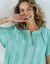 Blouse manches courtes finitions en macramé, unie (vert menthe)