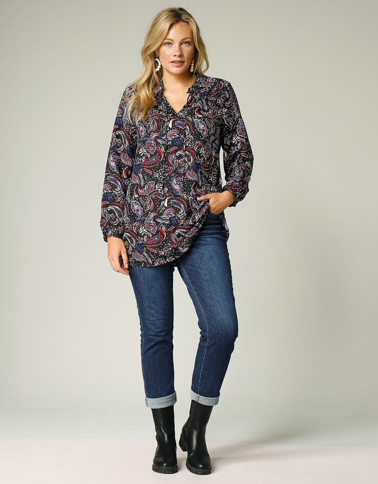 Blouse volantée imprimée cachemire (noir / bleu) Blouse volantée imprimée cachemire (noir / bleu)