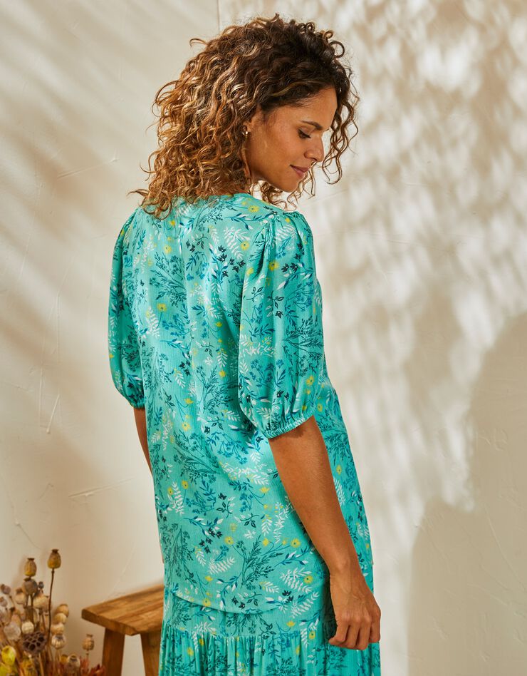 Blouse boutonnée imprimé fleuri, crépon (vert grisé) Blouse boutonnée imprimé fleuri, crépon (vert grisé)
