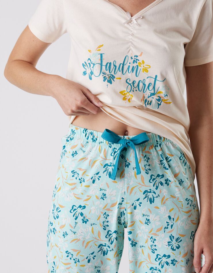 Pantalon court pyjama imprimé floral (aqua)