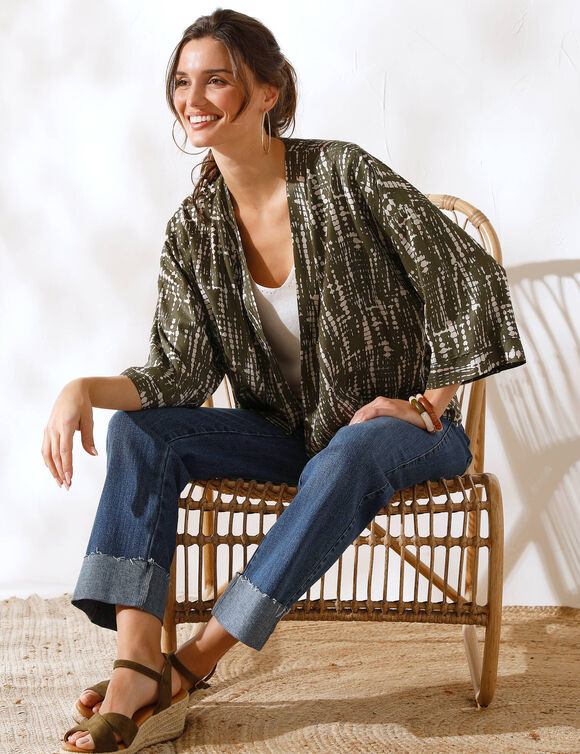 Veste kimono fluide, imprimé tie dye (kaki / écru)