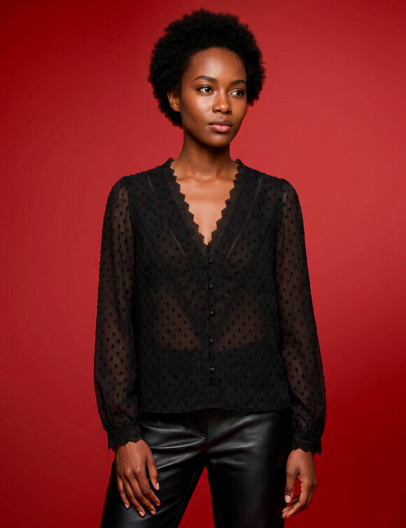 Chemisier voile plumetis, d&eacute;tails macram&eacute; (noir)