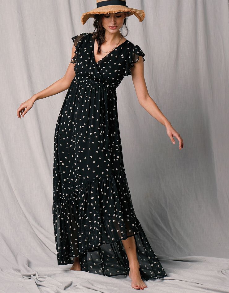 Robe longue cache-coeur sans manches voile imprimé (noir / écru)
