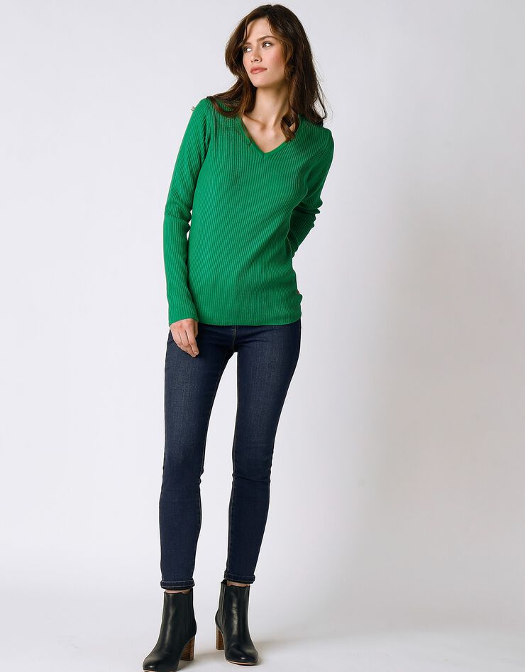 Pull maille côtelée col V uni (vert) Pull maille côtelée col V uni (vert)