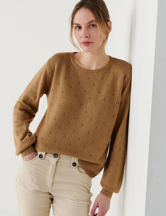 Pull col rond, maille pointelle toucher doux (taupe)