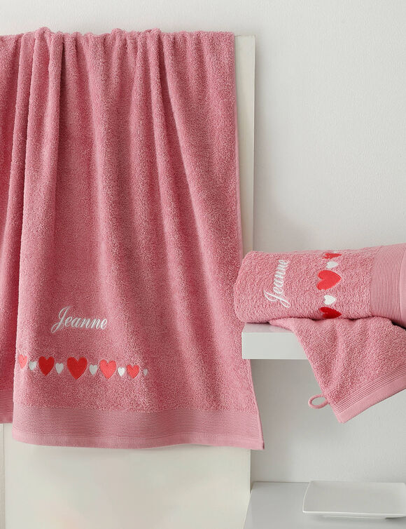 Serviettes de bain brodées cœurs, personnalisable (vieux rose)