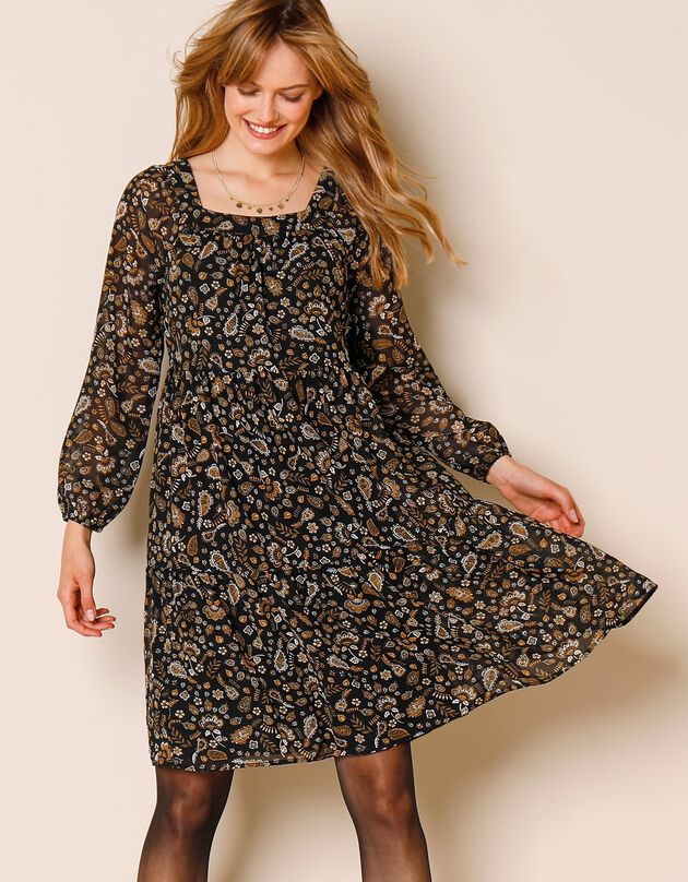 Robe évasée imprimée col carré (noir / doré)