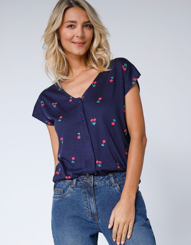 Tee-shirt col V boutonné imprimé cerises, spécial petites (marine)
