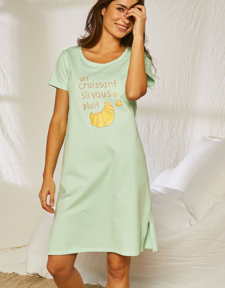Chemise de nuit courte en coton motif Croissant manches courtes (tilleul)