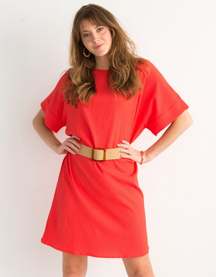 Robe forme housse unie manches courtes tissu texturé (orange) Robe forme housse unie manches courtes tissu texturé (orange)