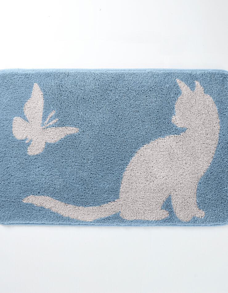 Tapis de bain fantaisie Chat & Papillon (bleuet)